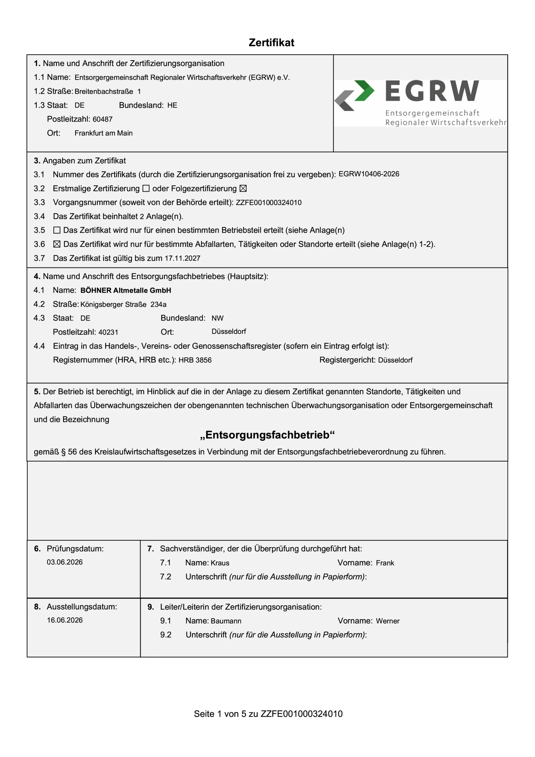 Schmuckblatt Zertifikat