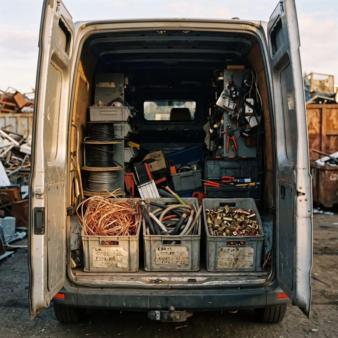 Transporter eines Elektrobetriebs mit sortierten Kisten für Kupfer, Kabel und Messing auf dem Hof eines Altmetallhändlers