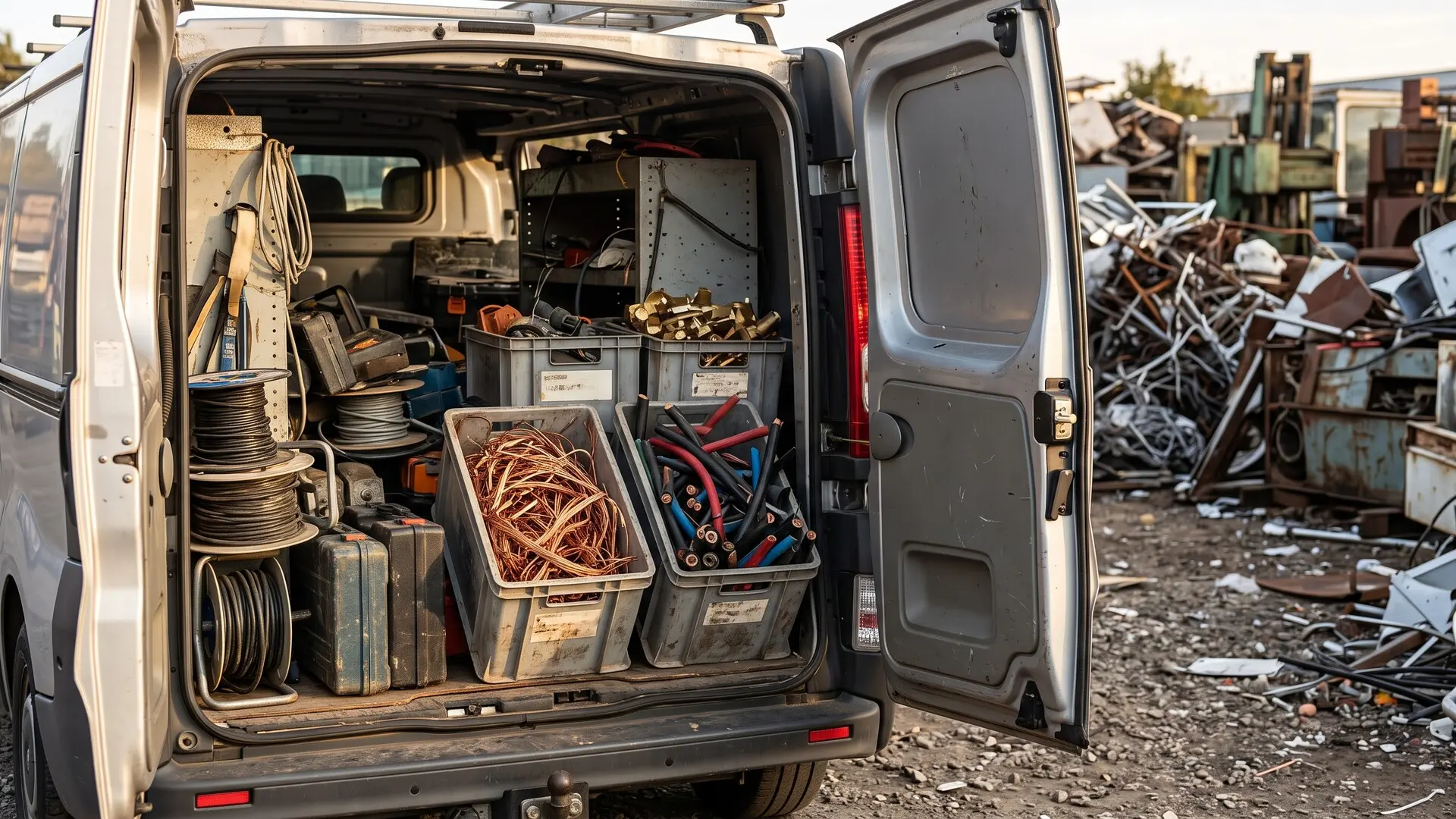 Transporter eines Elektrobetriebs mit sortierten Kisten für Kupfer, Kabel und Messing auf dem Hof eines Altmetallhändlers