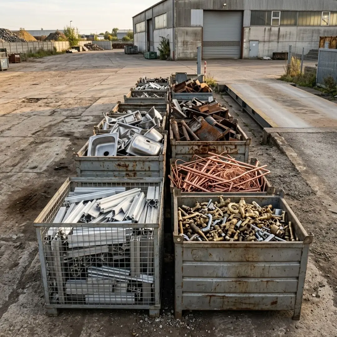 Alt-Text	Nach Sorten getrennter Metallschrott aus Kupfer, Messing, Aluminium und Stahl auf dem Hof eines Altmetallhändlers in Düsseldorf