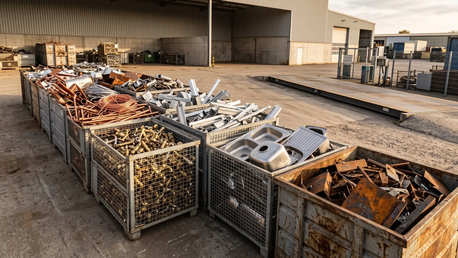 Alt-Text	Nach Sorten getrennter Metallschrott aus Kupfer, Messing, Aluminium und Stahl auf dem Hof eines Altmetallhändlers in Düsseldorf