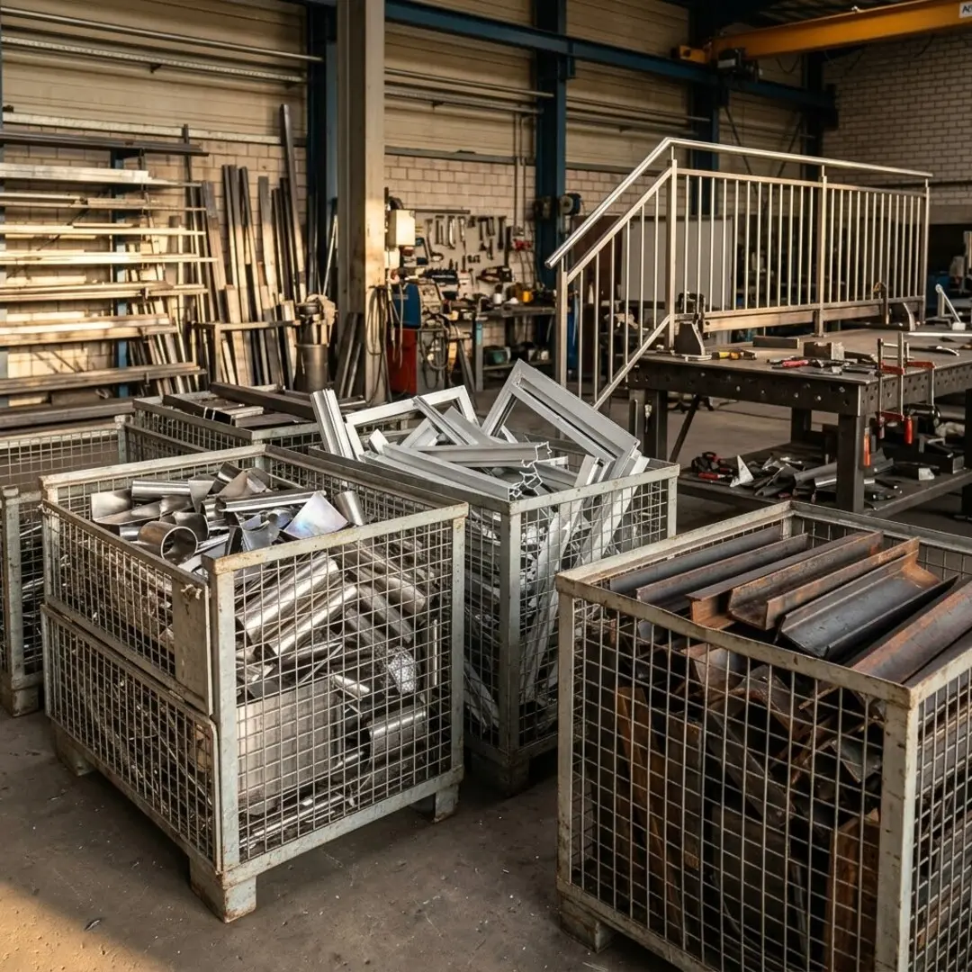 Sortierte Reste aus Edelstahl, Aluminium und Stahl aus einer Schlosserei in Gitterboxen vor der Verwiegung
