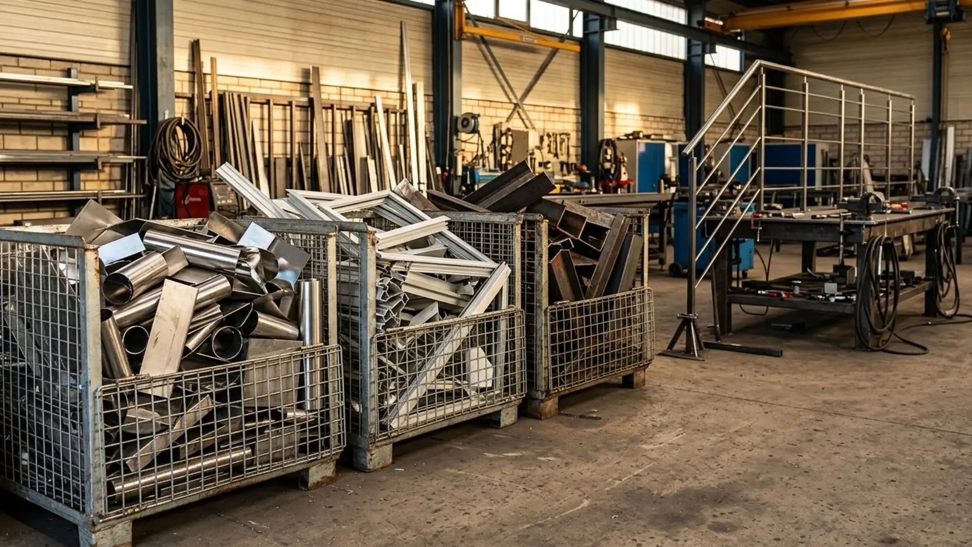 Sortierte Reste aus Edelstahl, Aluminium und Stahl aus einer Schlosserei in Gitterboxen vor der Verwiegung